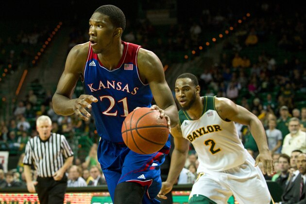 WACO, TX - FEBRUARY 04: Joel Embiid #21 of the Kansas Jayhawks drives to the basket against the Baylor Bears on February 4, 2014 at the Ferrell Center in Waco, Texas.  (Photo by Cooper Neill/Getty Images)