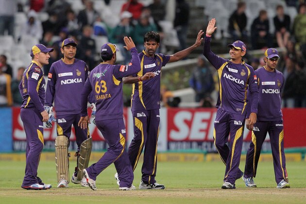 CAPE TOWN, SOUTH AFRCA - OCTOBER 21:   Lakshmipathy Balaji of the Kolkata Knight Riders celebrates a wicket during the Champions league twenty20 match between CLT20 Kolkata Knight Riders v Nashua Titans at Sahara Park Newlands on October 21, 2012 in Cape Town, South Africa. (Photo by Carl Fourie / Gallo Images/Getty Images)