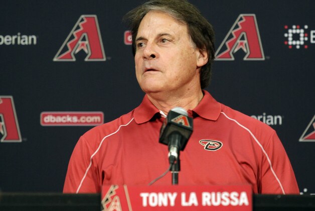 May 17, 2014; Phoenix, AZ, USA; Tony La Russa addresses the media after being introduced as the Arizona Diamondbacks' Chief Baseball Officer before a game against the Los Angeles Dodgers at Chase Field. Mandatory Credit: Rick Scuteri-USA TODAY Sports