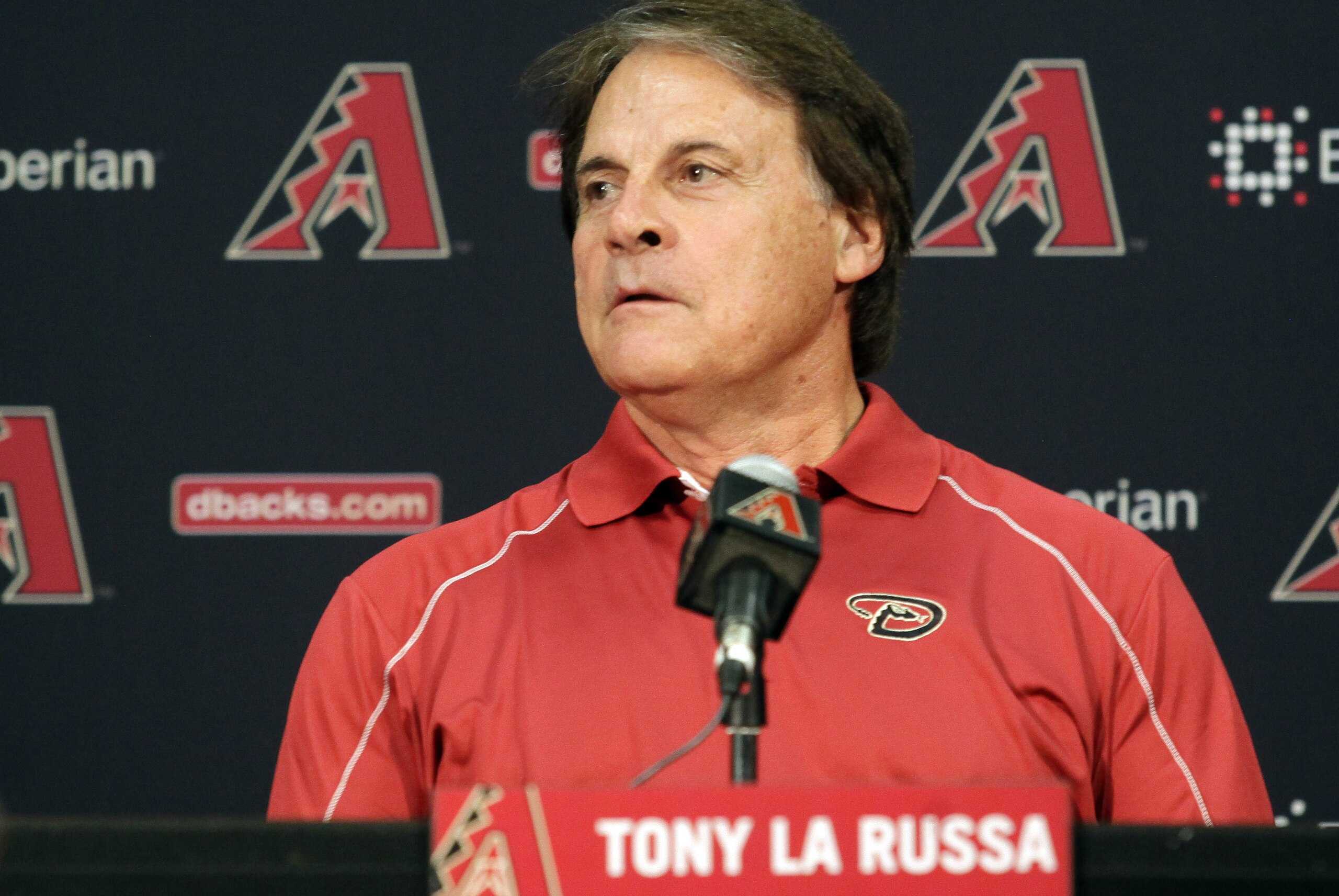 May 17, 2014; Phoenix, AZ, USA; Tony La Russa addresses the media after being introduced as the Arizona Diamondbacks' Chief Baseball Officer before a game against the Los Angeles Dodgers at Chase Field. Mandatory Credit: Rick Scuteri-USA TODAY Sports