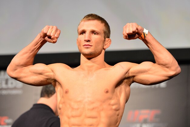Oct 8, 2013; Barueri, Sao Paulo, Brazil; T.J. Dillashaw  during the weigh-in for UFC Fight Night 29 at Jose Correa Arena. Mandatory Credit: Jason Silva-USA TODAY Sports