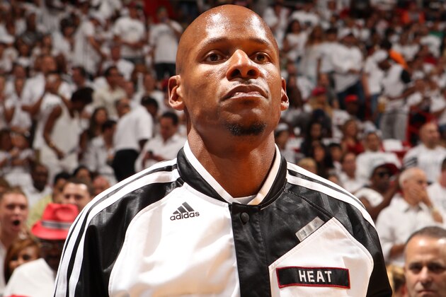 MIAMI, FL - May 24: Ray Allen #34 of the Miami Heat before the game against the Indiana Pacers in Game Three of the Eastern Conference Finals during the 2014 NBA playoffs at the American Airlines Arena in Miami, Florida on May 24, 2014. NOTE TO USER: User expressly acknowledges and agrees that, by downloading and/or using this photograph, user is consenting to the terms and conditions of the Getty Images License Agreement. Mandatory copyright notice: Copyright NBAE 2014 (Photo by Issac Baldizon/NBAE via Getty Images)