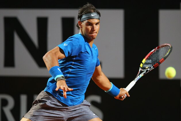 ROME, ITALY - MAY 16:  Rafael Nadal of Spain in action in his match against Andy Murray of Great Britain during day six of the Internazionali BNL d'Italia tennis 2014 on May 16, 2014 in Rome, Italy.  (Photo by Julian Finney/Getty Images)