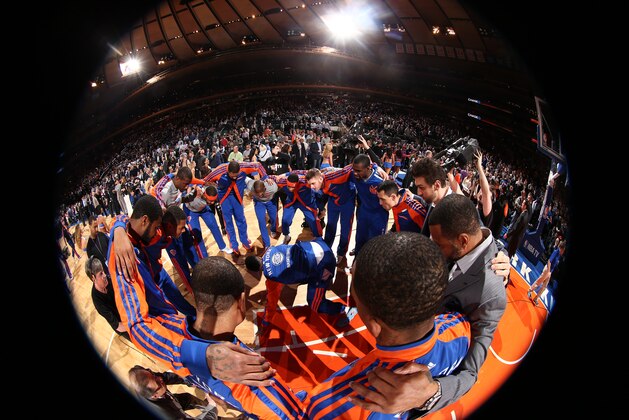 NEW YORK, NY - MARCH 19: The New York Knicks huddle before a game against the Indiana Pacers at Madison Square Garden in New York City on March 19, 2014.  NOTE TO USER: User expressly acknowledges and agrees that, by downloading and or using this photograph, User is consenting to the terms and conditions of the Getty Images License Agreement. Mandatory Copyright Notice: Copyright 2014 NBAE  (Photo by Nathaniel S. Butler/NBAE via Getty Images)