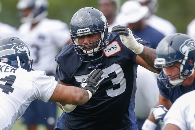 RENTON, WA - MAY 11:  Tackle Michael Bowie #73 of the Seattle Seahawks runs through a drill during Rookie Camp at the Virginia Mason Athletic Center on May 11, 2013 in Renton, Washington.  (Photo by Otto Greule Jr/Getty Images)