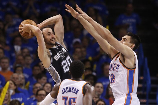 San Antonio Spurs guard Manu Ginobili (20) looks for a pass in front of Oklahoma City Thunder guard Reggie Jackson (15) and center Steven Adams (12) in the second quarter of Game 3 of an NBA basketball playoff series in the Western Conference finals, Sunday, May 25, 2014, in Oklahoma City. (AP Photo/Sue Ogrocki)