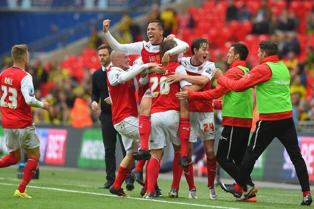 LONDON, ENGLAND - MAY 26:  Antoni Sarcevic of Fleetwood celebrates with team mates after scoring direct from a free kick during the Sky Bet League Two Playoff Final between Burton Albion and Fleetwood Town at Wembley Stadium on May 26, 2014 in London, England.  (Photo by Mike Hewitt/Getty Images)