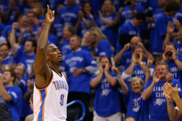 OKLAHOMA CITY, OK - MAY 25:  Serge Ibaka #9 of the Oklahoma City Thunder reacts as he leaves the court in the second half against the San Antonio Spurs during Game Three of the Western Conference Finals of the 2014 NBA Playoffs at Chesapeake Energy Arena on May 25, 2014 in Oklahoma City, Oklahoma.  (Photo by Ronald Martinez/Getty Images)