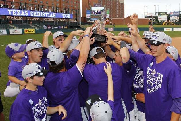 TCU celebrates after defeating Oklahoma State in the championship game of the Big 12 conference NCAA college baseball tournament in Oklahoma City, Sunday, May 25, 2014. TCU won 7-1. (AP Photo/Alonzo Adams)
