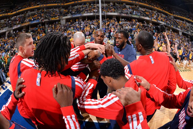 INDIANAPOLIS, IN- APRIL 22:  The Atlanta Hawks huddle up on the court before Game Two of the Eastern Conference Quarterfinals against the Indiana Pacers during the 2014 NBA Playoffs at the Bankers Life Fieldhouse on April 22, 2014 in Oklahoma City, Oklahoma. NOTE TO USER:  User expressly acknowledges and agrees that, by downloading and/or using this photograph, user is consenting to the terms and conditions of the Getty Images License Agreement. Mandatory Copyright Notice:  Copyright 2014 NBAE (Photo by Jesse D. Garrabrant/NBAE via Getty Images)
