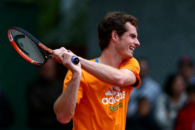 PARIS, FRANCE - MAY 24:  Andy Murray of Great Britain plays a shot during a practice session ahead of the French Open at Roland Garros on May 24, 2014 in Paris, France.  (Photo by Dan Istitene/Getty Images)