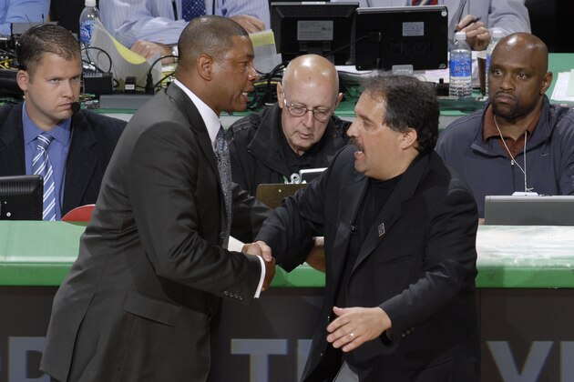 BOSTON - MAY 17: Head Coach Doc Rivers of the Boston Celtics congratulates head coach Stan Van Gundy of the Orlando Magic in Game Seven of the Eastern Conference Semifinals  during the 2009 NBA Playoffs at TD Banknorth Garden on May 17, 2009 in Boston, Massachusetts. NOTE TO USER: User expressly acknowledges and agrees that, by downloading and or using this photograph, User is consenting to the terms and conditions of the Getty Images License Agreement. Mandatory Copyright Notice: Copyright 2009 NBAE (Photo by Steve Babineau/NBAE via Getty Images)