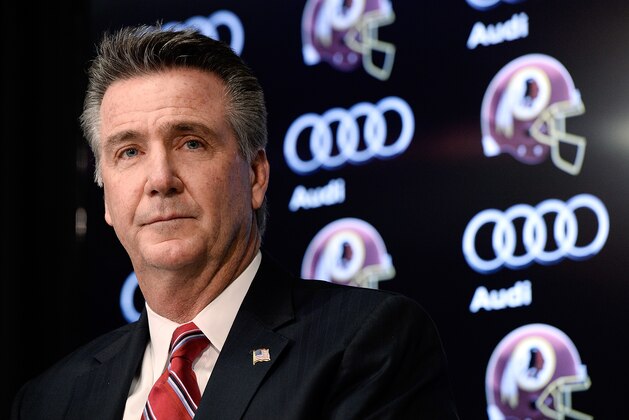 ASHBURN, VA - JANUARY 09:  Washington Redskins Executive Vice President and General Manager Bruce Allen speaks as Jay Gruden is introduced as the new head coach of the Washington Redskins at a press conference at Redskins Park on January 9, 2014 in Ashburn, Virginia.  (Photo by Patrick McDermott/Getty Images)