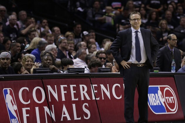 Oklahoma City Thunder coach Scott Brooks during the first half of Game 1 of a Western Conference finals NBA basketball playoff series against the San Antonio Spurs, Monday, May 19, 2014, in San Antonio. (AP Photo/Eric Gay)