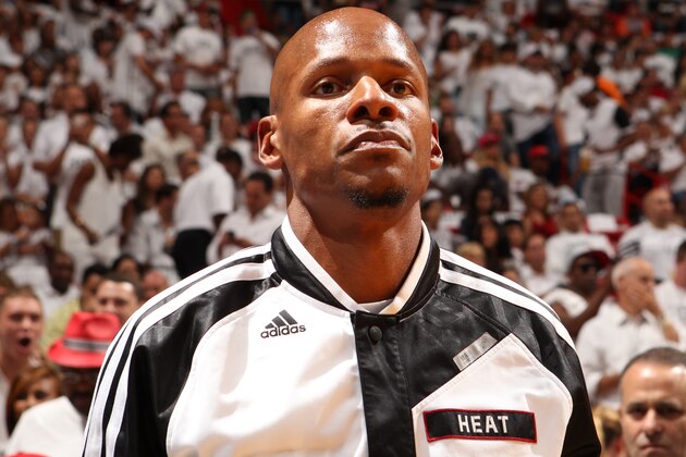 MIAMI, FL - May 24: Ray Allen #34 of the Miami Heat before the game against the Indiana Pacers in Game Three of the Eastern Conference Finals during the 2014 NBA playoffs at the American Airlines Arena in Miami, Florida on May 24, 2014. NOTE TO USER: User expressly acknowledges and agrees that, by downloading and/or using this photograph, user is consenting to the terms and conditions of the Getty Images License Agreement. Mandatory copyright notice: Copyright NBAE 2014 (Photo by Issac Baldizon/NBAE via Getty Images)
