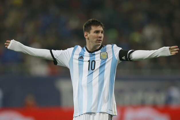 Argentina's Lionel Messi reacts during an international friendly soccer game against Romania on the National Arena stadium in Bucharest, Romania, Wednesday, March 5, 2014.. (AP Photo/Vadim Ghirda)