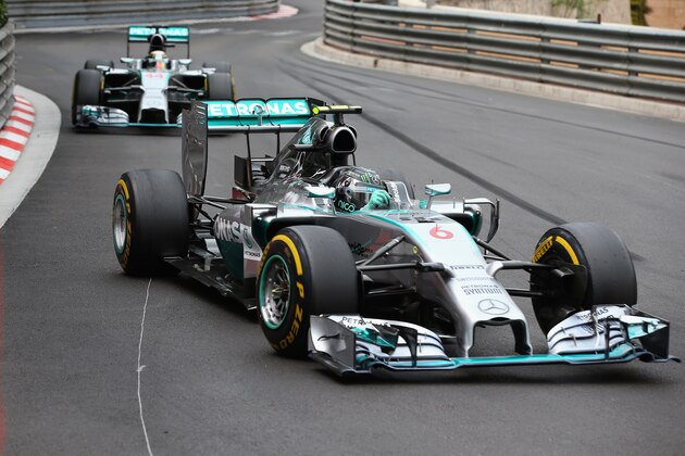 MONTE-CARLO, MONACO - MAY 25:  Nico Rosberg of Germany and Mercedes GP leads teammate Lewis Hamilton of Great Britain and Mercedes GP during the Monaco Formula One Grand Prix at Circuit de Monaco on May 25, 2014 in Monte-Carlo, Monaco.  (Photo by Julian Finney/Getty Images)