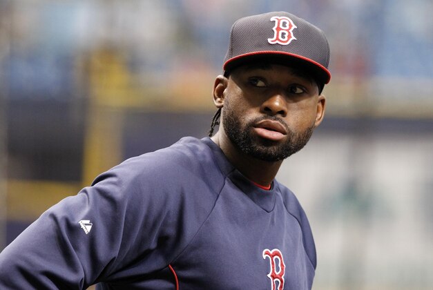 May 24, 2014; St. Petersburg, FL, USA; Boston Red Sox center fielder Jackie Bradley Jr. (25) works out prior to the game against the Tampa Bay Rays at Tropicana Field. Mandatory Credit: Kim Klement-USA TODAY Sports