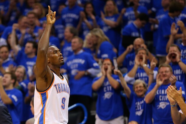 OKLAHOMA CITY, OK - MAY 25:  Serge Ibaka #9 of the Oklahoma City Thunder reacts as he leaves the court in the second half against the San Antonio Spurs during Game Three of the Western Conference Finals of the 2014 NBA Playoffs at Chesapeake Energy Arena on May 25, 2014 in Oklahoma City, Oklahoma.  (Photo by Ronald Martinez/Getty Images)