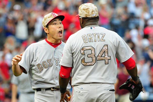 ATLANTA, GA - MAY 26:  Koji Uehara #19 of the Boston Red Sox celebrates with David Ortiz #34 after the game against the Atlanta Braves at Turner Field on May 26, 2014 in Atlanta, Georgia. (Photo by Scott Cunningham/Getty Images)