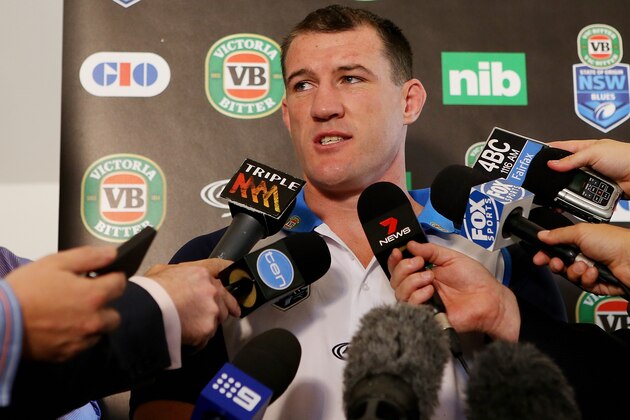 BRISBANE, AUSTRALIA - MAY 26:  Paul Gallen speaks to media during the New South Wales Blues State of Origin media session at Sofitel Hotel on May 26, 2014 in Brisbane, Australia.  (Photo by Chris Hyde/Getty Images)