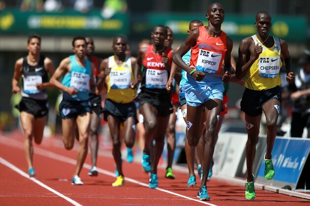 EUGENE, OR - JUNE 01:  Asbel Kiprop of Kena leads the Bowerman Mile during day 2 of the IAAF Diamond League Prefontaine Classic on June 1, 2013 at the Hayward Field in Eugene, Oregon.  (Photo by Jonathan Ferrey/Getty Images)