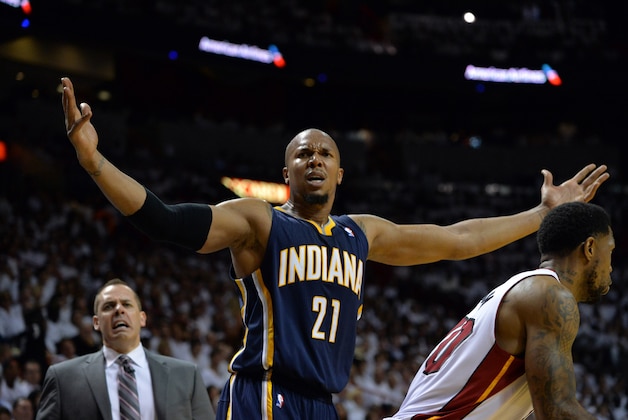 May 26, 2014; Miami, FL, USA; Indiana Pacers forward David West (21) questions for a call against the Miami Heat in game four of the Eastern Conference Finals of the 2014 NBA Playoffs at American Airlines Arena. The Heat won 102-90. Mandatory Credit: Steve Mitchell-USA TODAY Sports