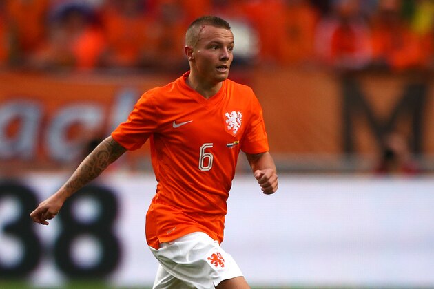 AMSTERDAM, NETHERLANDS - MAY 17: Jordy Clasie of Holland attacks during the International Friendly match between The Netherlands and Ecuador at The Amsterdam Arena on May 17, 2014 in Amsterdam, Netherlands. (Photo by Charlie Crowhurst/Getty Images)