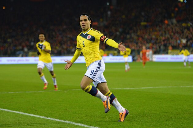 BRUSSELS, BELGIUM - NOVEMBER 14:  Radamel Falcao of Columbia celebrates scoring their first goal during the International Friendly match between Belgium and Columbia at King Baudouin Stadium on November 14, 2013 in Brussels, Belgium.  (Photo by Christopher Lee/Getty Images)