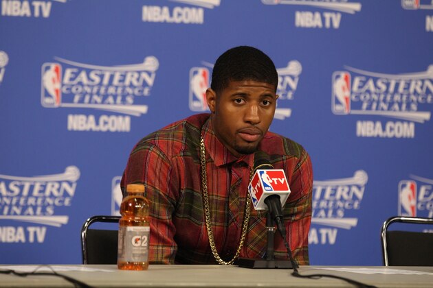 MIAMI, FL - May 26: Paul George #24 of the Indiana Pacers addresses the media after Game Four of the Eastern Conference Finals against the Miami Heat during the 2014 NBA Playoffs at the American Airlines Arena in Miami, Florida on May 26, 2014. NOTE TO USER: User expressly acknowledges and agrees that, by downloading and/or using this photograph, user is consenting to the terms and conditions of the Getty Images License Agreement. Mandatory copyright notice: Copyright NBAE 2014 (Photo by Issac Baldizon/NBAE via Getty Images)