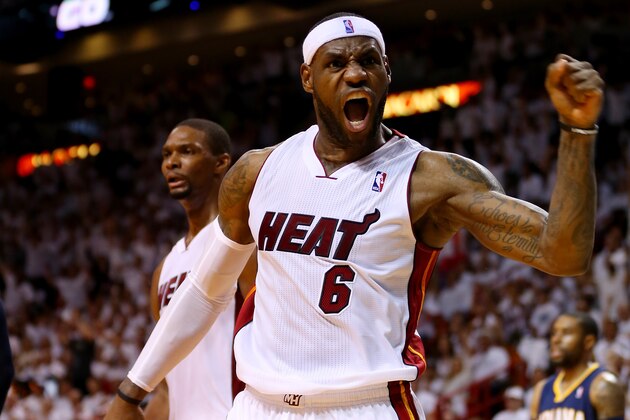 MIAMI, FL - MAY 26:  LeBron James #6 of the Miami Heat reacts after a basket against the Indiana Pacers during Game Four of the Eastern Conference Finals of the 2014 NBA Playoffs at American Airlines Arena on May 26, 2014 in Miami, Florida. NOTE TO USER: User expressly acknowledges and agrees that, by downloading and or using this photograph, User is consenting to the terms and conditions of the Getty Images License Agreement.  (Photo by Mike Ehrmann/Getty Images)