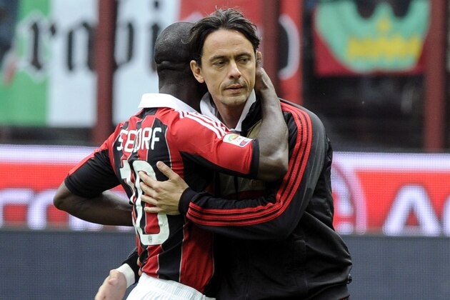 MILAN, ITALY - MAY 13:  Filippo Inzaghi (R) and Clarence Seedorf (L) of AC Milan during the Serie A match between AC Milan and Novara Calcio at Stadio Giuseppe Meazza on May 13, 2012 in Milan, Italy.  (Photo by Claudio Villa/Getty Images)