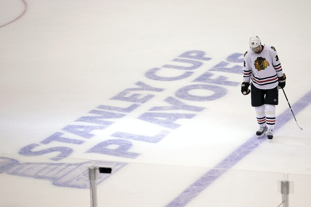 Chicago Blackhawks' Michal Rozsival, of Czech Republic, skates on the ice during the third period of Game 4 of the Western Conference finals of the NHL hockey Stanley Cup playoffs against the Los Angeles Kings on Monday, May 26, 2014, in Los Angeles. The Kings won 5-2. (AP Photo/Jae C. Hong)
