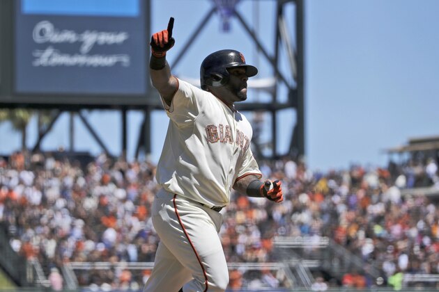 San Francisco Giants' Pablo Sandoval celebrates his two-run home run against the Chicago Cubs during the fourth inning of a baseball game on Monday, May 26, 2014, in San Francisco. (AP Photo/Marcio Jose Sanchez)