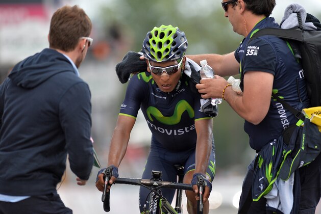 Colombia's Nairo Quintana  at the end of the 14th stage the Giro d'Italia, Tour of Italy cycling race, from Aglie' to Oropa, Italy, Saturday, May 24, 2014. (AP Photo/Gian Mattia D'Alberto)