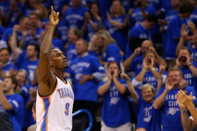 OKLAHOMA CITY, OK - MAY 25:  Serge Ibaka #9 of the Oklahoma City Thunder reacts as he leaves the court in the second half against the San Antonio Spurs during Game Three of the Western Conference Finals of the 2014 NBA Playoffs at Chesapeake Energy Arena on May 25, 2014 in Oklahoma City, Oklahoma.  (Photo by Ronald Martinez/Getty Images)