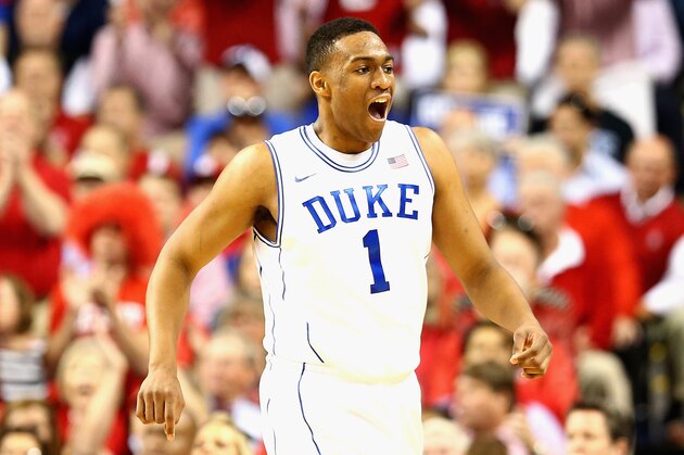 GREENSBORO, NC - MARCH 15:  Jabari Parker #1 of the Duke Blue Devils reacts against the North Carolina State Wolfpack during the semifinals of the 2014 Men's ACC Basketball Tournament at Greensboro Coliseum on March 15, 2014 in Greensboro, North Carolina.  (Photo by Streeter Lecka/Getty Images)