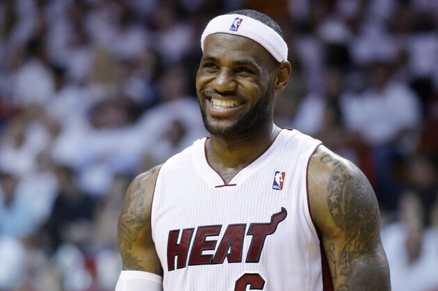 Miami Heat forward LeBron James (6) smiles at the end of the second half of Game 4 in the NBA basketball Eastern Conference finals playoff series, Monday, May 26, 2014, in Miami. The Heat defeated the Pacers 102-90. (AP Photo/Wilfredo Lee)
