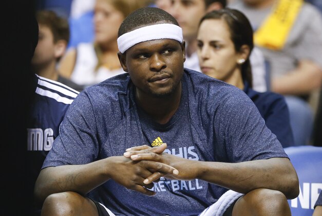 Memphis Grizzlies forward Zach Randolph sits on the bench in the second half of Game 6 of an opening-round NBA basketball playoff series against the Oklahoma City Thunder, Thursday, May 1, 2014, in Memphis, Tenn. Oklahoma City won 104-84 to even the series 3-3. (AP Photo/Mark Humphrey)
