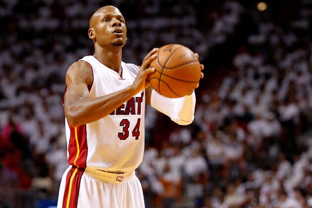 MIAMI, FL - MAY 26: Ray Allen #34 of the Miami Heat takes a foul shot against the Indiana Pacers during Game Four of the Eastern Conference Finals of the 2014 NBA Playoffs at American Airlines Arena on May 26, 2014 in Miami, Florida. NOTE TO USER: User expressly acknowledges and agrees that, by downloading and or using this photograph, User is consenting to the terms and conditions of the Getty Images License Agreement.  (Photo by Mike Ehrmann/Getty Images)