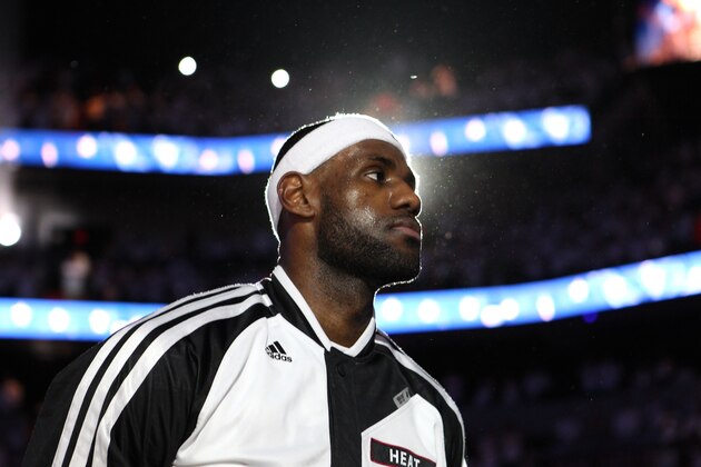 MIAMI, FL - May 26:  LeBron James #6 of the Miami Heat looks on during the game against the Indiana Pacers during Game Four of the Eastern Conference Finals of the 2014 NBA playoffs at the American Airlines Arena in Miami, Florida on May 26, 2014. NOTE TO USER: User expressly acknowledges and agrees that, by downloading and/or using this photograph, user is consenting to the terms and conditions of the Getty Images License Agreement. Mandatory copyright notice: Copyright NBAE 2014 (Photo by Issac Baldizon/NBAE via Getty Images)