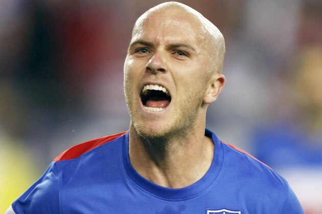 U.S. midfielder Michael Bradley celebrates after scoring a first-half goal against Mexico during an international friendly soccer match Wednesday, April 2, 2014, in Glendale, Ariz. (AP Photo/Rock Scuteri)