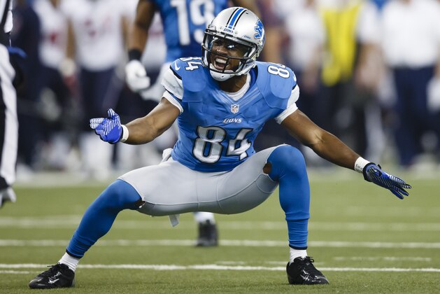 Detroit Lions wide receiver Ryan Broyles (84) celebrates making a reception against the Houston Texans in the first half of NFL football game at Ford Field in Detroit, Thursday, Nov. 22, 2012. (AP Photo/Rick Osentoski)