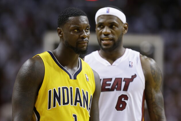 Indiana Pacers guard Lance Stephenson (1) and Miami Heat forward LeBron James (6) exchange words during the second half of Game 3 in the NBA basketball Eastern Conference finals playoff series, Saturday, May 24, 2014, in Miami. (AP Photo/Lynne Sladky)