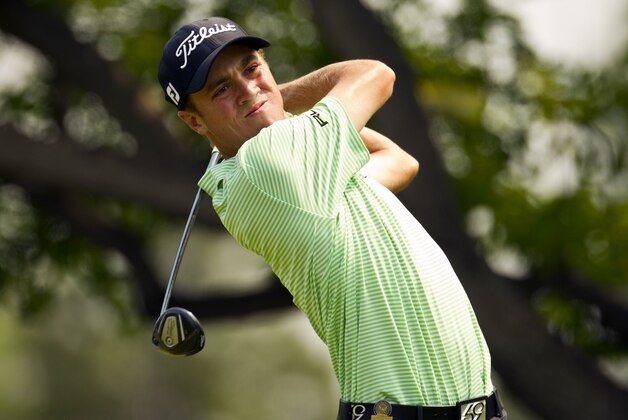 In this image provided by the USGA, Justin Thomas, of Goshen, Ky., plays his tee shot on the third hole during the third round of match play at the U.S. Amateur golf championships at Cherry Hills Country Club in Cherry Hills Village, Colo., on Thursday, Aug. 16, 2012. Thomas defeated Bobby Wyatt, of Mobile, Ala., 1-up. (AP Photo/USGA, John Mummert) ONE TIME USE ONLY.