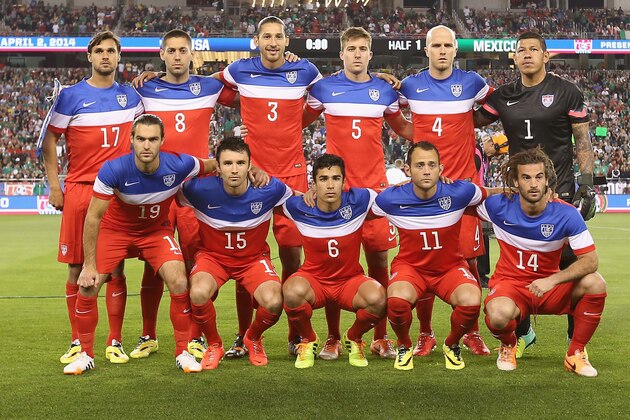 GLENDALE, AZ - APRIL 02:  Team USA; (Top L-R) Chris Wondolowski #17,  Clint Dempsey #8, Omar Gonzalez #3,  Matt Besler #5, Michael Bradley #4 and goalkeeper Nick Rimando #1 (Bottom L-R) Graham Zusi #19, Michael Parkhurst #15, Tony Beltran #6, Brad Davis #11 and Kyle Beckerman #14 pose for a group photo before the International Friendly against Meixco at University of Phoenix Stadium on April 2, 2014 in Glendale, Arizona.  (Photo by Christian Petersen/Getty Images)