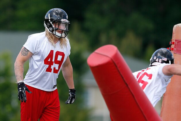 FLOWERY BRANCH, GA - MAY 16:  Rookie linebacker Tyler Starr #49 of the Atlanta Falcons runs drills during rookie minicamp at the Atlanta Falcons Training Facility on May 16, 2014 in Flowery Branch, Georgia.  (Photo by Kevin C. Cox/Getty Images)