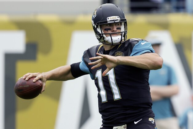 ADVANCE FOR USE WEEKEND, MAY 3-4 - FILE - In this Nov. 17, 2013, file photo, Jacksonville Jaguars quarterback Blaine Gabbert warms up prior to the first half of an NFL football game against the Arizona Cardinals in Jacksonville, Fla. Jacksonville Jaguars took Gabbert out of Missouri. The Jaguars didn’t have much support for him at other positions, but he struggled to keep up with the pro-style offense and went 5-22 as a starter, with one touchdown against seven interceptions over three starts last season. (AP Photo/John Raoux, File)