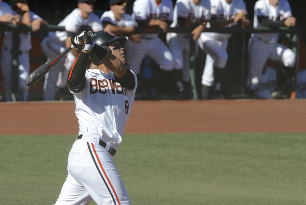 Oregon State's Michael Conforto watches his two-run home run against Kansas State's during the fourth inning of an NCAA college super regional tournament baseball game in Corvallis, Ore., Saturday June 8, 2013.  (AP Photo/Greg Wahl-Stephens)