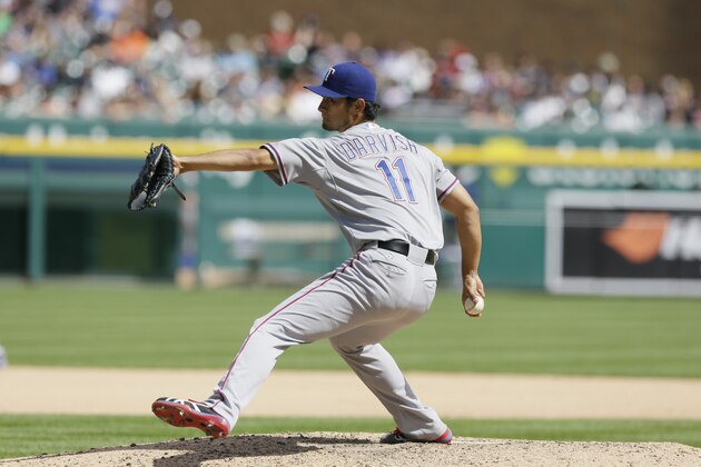Texas Rangers starting pitcher Yu Darvish throws during the sixth inning of a baseball game against the Detroit Tigers in Detroit, Thursday, May 22, 2014. (AP Photo/Carlos Osorio)
